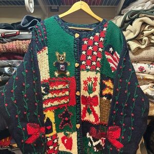 Vintage Eagles Eye Hand Knit USA Holiday Cardigan Sweater Womens XXL